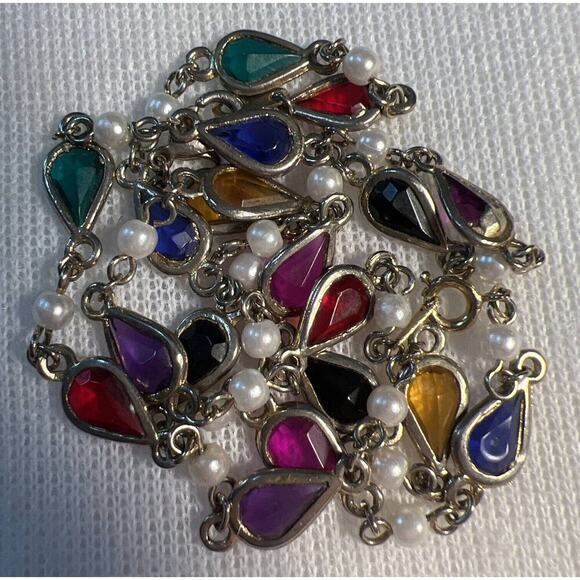 -NECKLACE VTG Made In Korea Station Faux Seed Pearl&Glass Teardrop Jewels - Picture 2 of 11